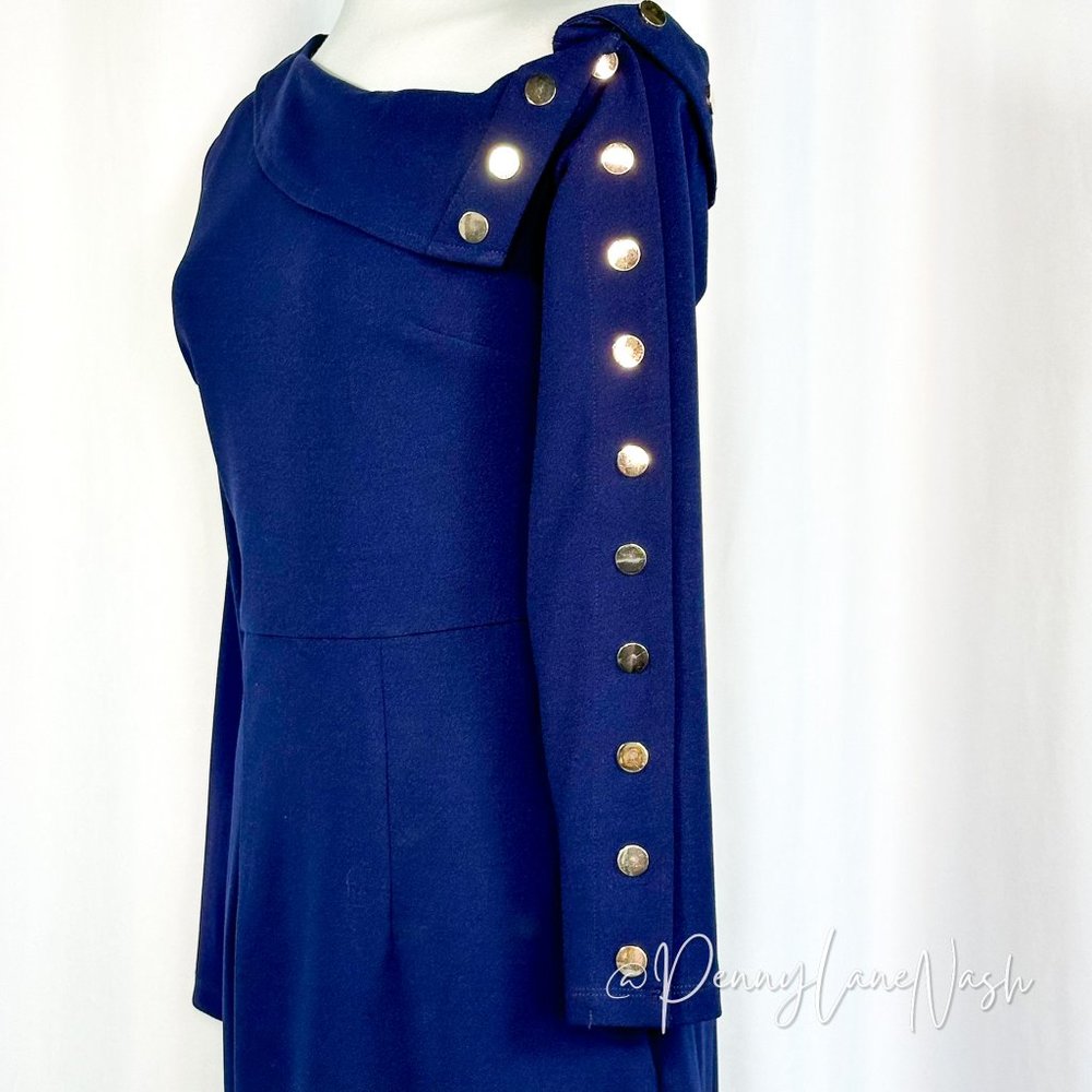 NWT Lumier by Bariano Asymmetric Gold Button Cocktail Dress Navy - Picture 5 of 12